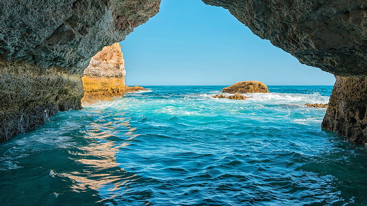 sea, portugal, algarve, azure, coast, rock, sea cave, cliff