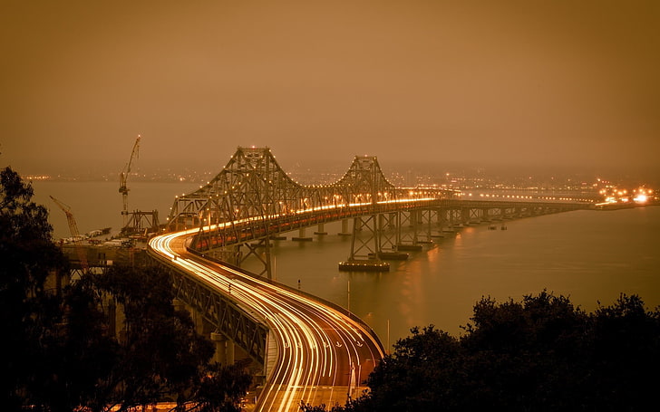 black suspension bridge, long exposure, Oakland Bay Bridge, San Francisco, HD wallpaper