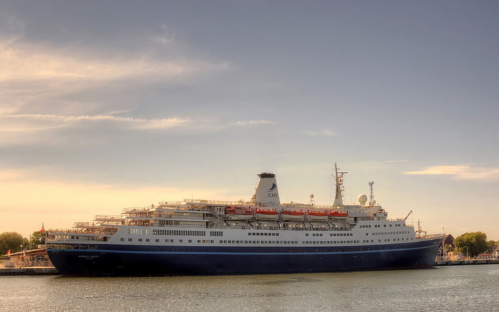white and blue cruise ship, sky, river, nautical Vessel, passenger Ship