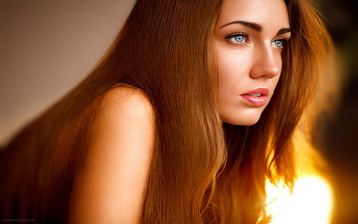 women, model, redhead, long hair, face, blue eyes, red lipstick