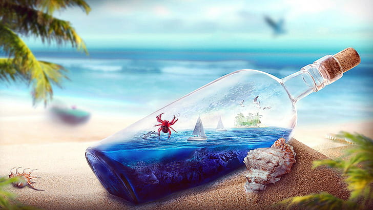 Beach, bottle, ocean, blue water filled clear glass bottle, crab