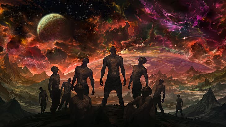 space, cosmic horror, Group of Men, Noah Bradley, HD wallpaper