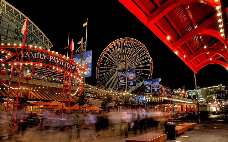 ferris wheel, city, HDR, motion blur, lights, amusement park ride