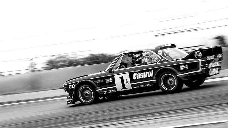 BMW 3.0 CSL, race cars, monochrome, Castrol livery