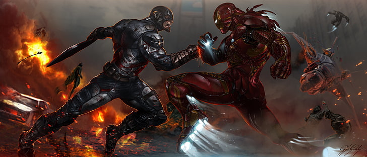 Captain America VS Iron Man artwork, marvel, Marvel Comics, tony stark, HD wallpaper