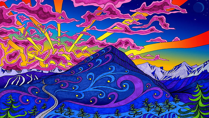 blue and purple mountain painting, psychedelic, colorful, lines