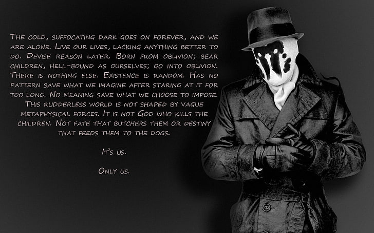white text on black background, Watchmen, Rorschach, quote, standing