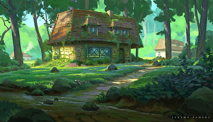 brown and green house and trees illustration, Jeremy Fenske, forest, HD wallpaper