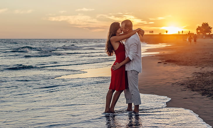 sea, girl, sunset, passion, kiss, hugs, pair, male, lovers