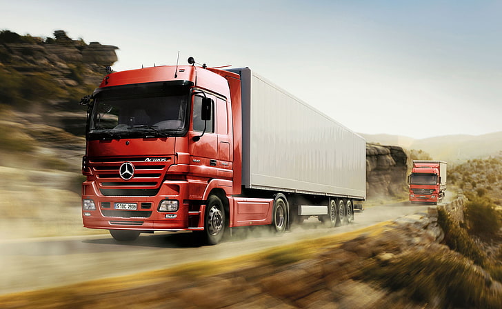 red and gray Mercedes-Benz box, road, speed, truckers, trucks, HD wallpaper