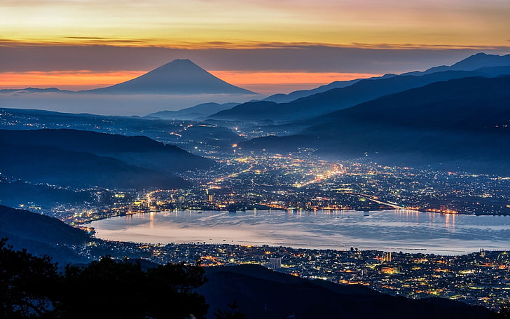 aerial view of city, city in Japan during night, nature, landscape