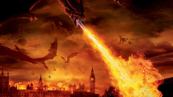 village under siege with dragons digital wallpaper, fire, London