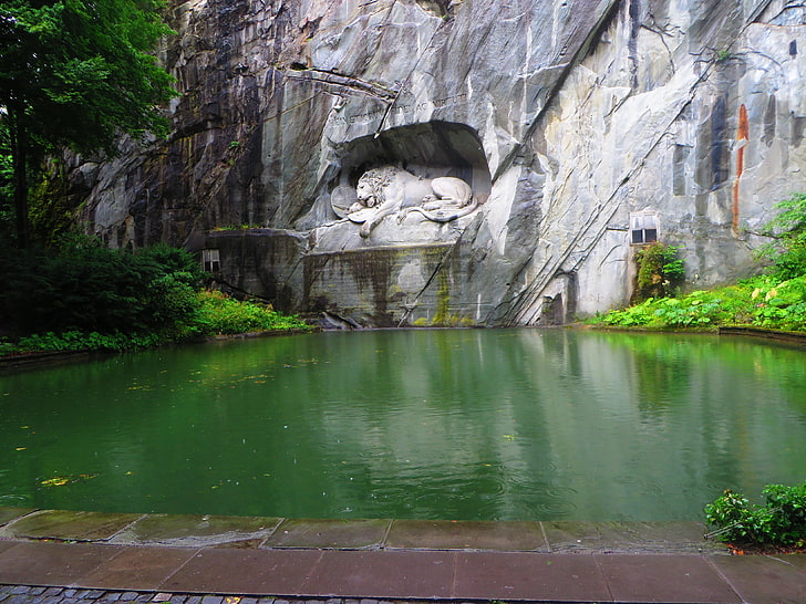 lion statue, Switzerland, Lion of Lucerne, Luzern, water, plant