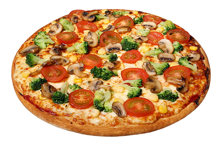 vegetable pizza, round, delicious, cheese, pastries, food, tomato, HD wallpaper
