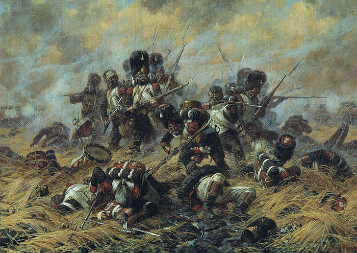 soldiers on grass painting, picture, the battle, Averyanov, Waterloo, HD wallpaper