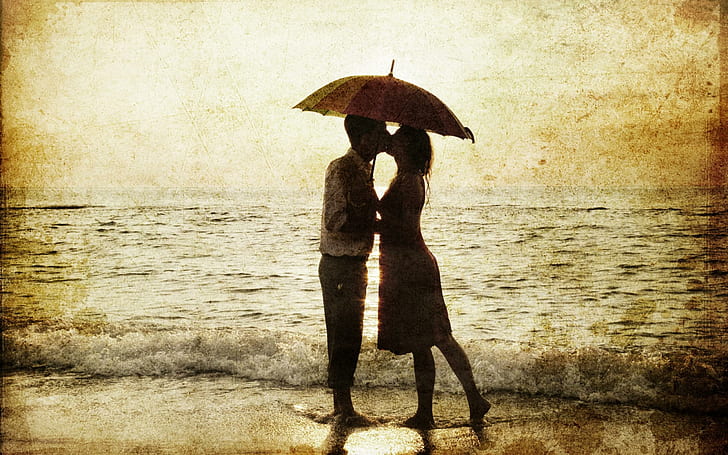 man, woman, rain, sea, surf, love, silhouettes, romance, HD wallpaper