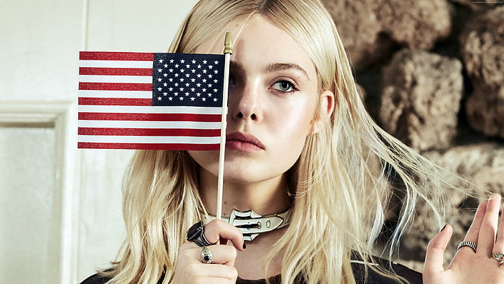 person holding mini U.S. flag, celebrity, actress, Elle Fanning