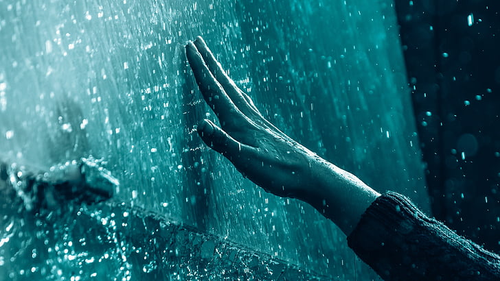 hand, rain, drops, water, blue, raindrops, rainy, touch, helpless, HD wallpaper
