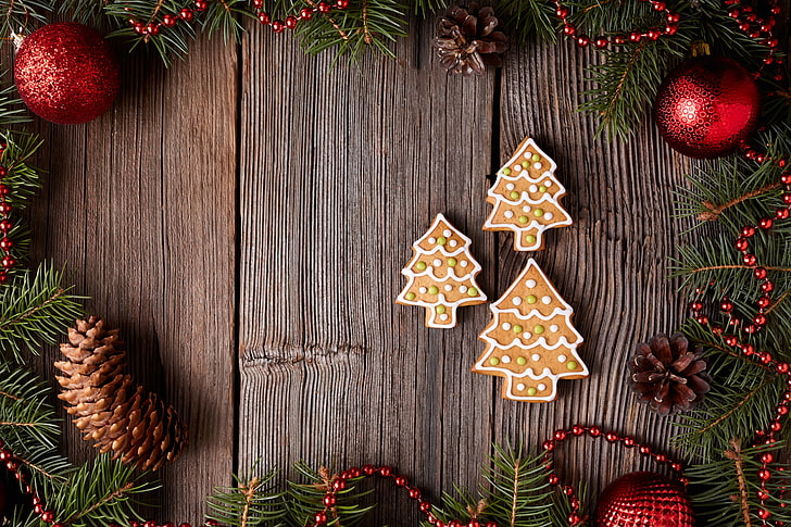 three Gingerbread trees, New Year, cookies, Christmas, cakes, HD wallpaper