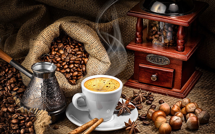 coffee, food, grain, Cup, still life, cinnamon, Turk, coffee grinder, HD wallpaper