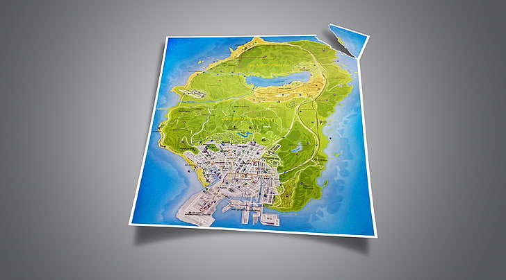 GTA 5 official map, green and blue map printer paper, Games, Grand Theft Auto