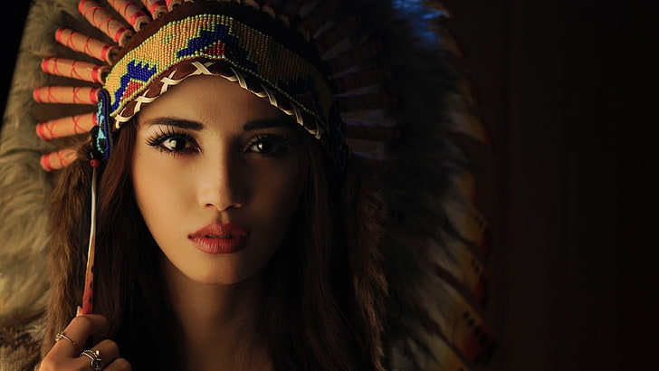 feathers, women, Native American clothing, portrait, young adult, HD wallpaper