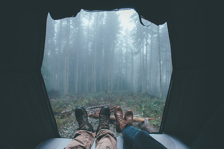 two pairs of black and brown leather boots, tent, trees, vacation, HD wallpaper