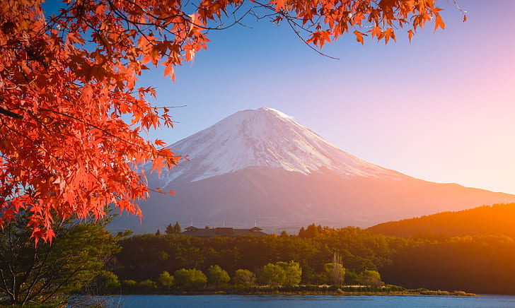 autumn, the sky, leaves, colorful, Japan, red, maple, mount Fuji, HD wallpaper