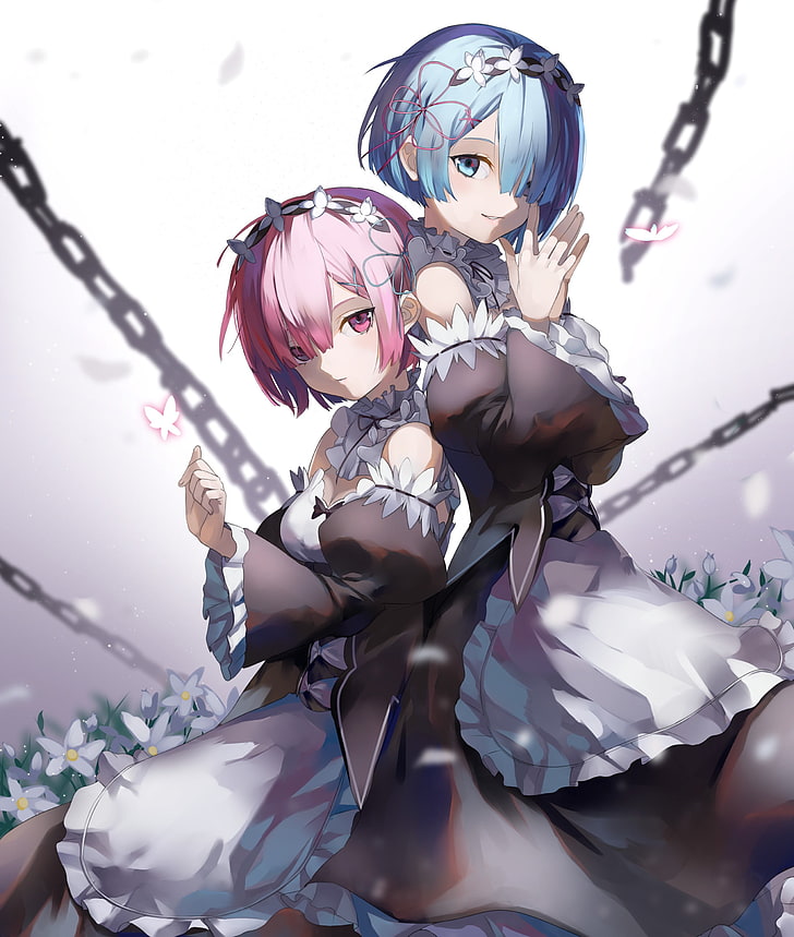 two pink and blue haired female anime characters digital wallpaper