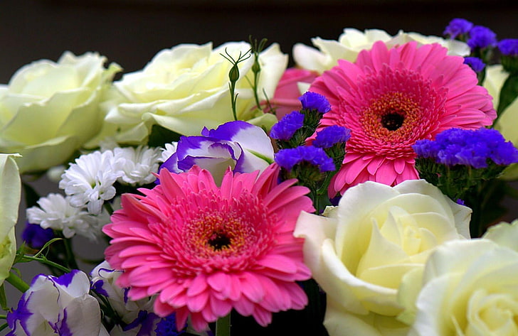 pink gerbera daisies, roses, flower, different, bouquet, beautifully, HD wallpaper