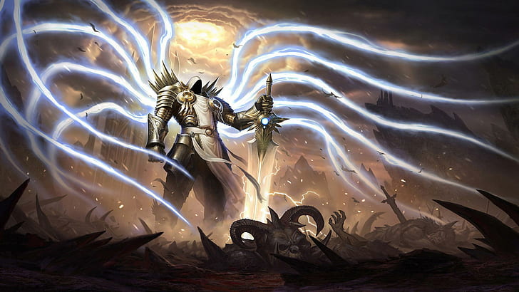 Tyrael - Diablo III, knight holding sword illustration, games