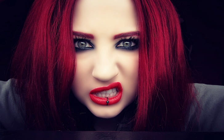 HD wallpaper: women redhead green eyes red lipstick teeth piercing lip ...