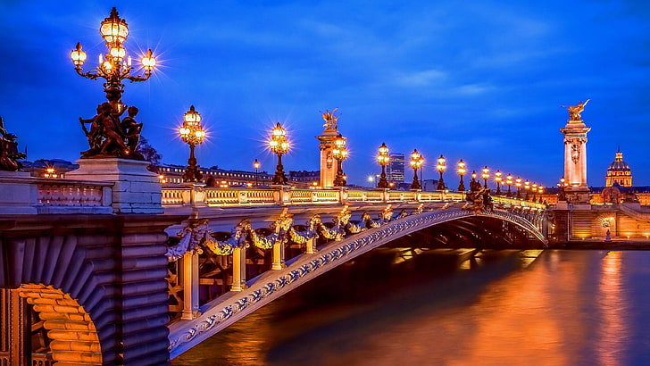 pont alexandre iii, france, paris, bridge, europe, dusk, evening, HD wallpaper