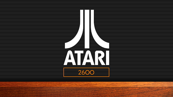 Atari 2600 logo, video games, wood, dark, minimalism, text, western script