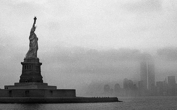 black and white, noise, the statue of liberty, liberty island, HD wallpaper