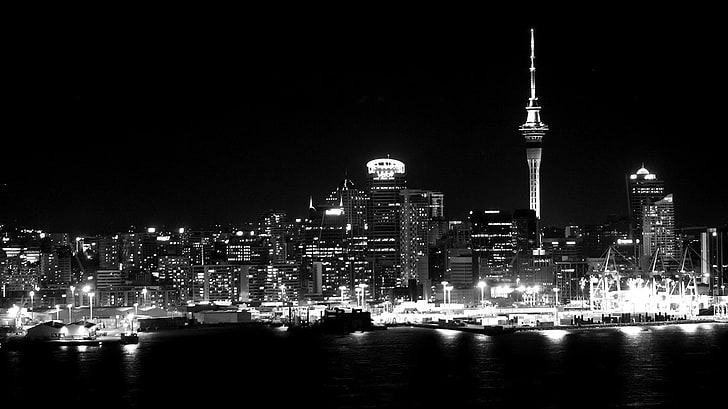 grayscale photography of cityscape near body of water, monochrome