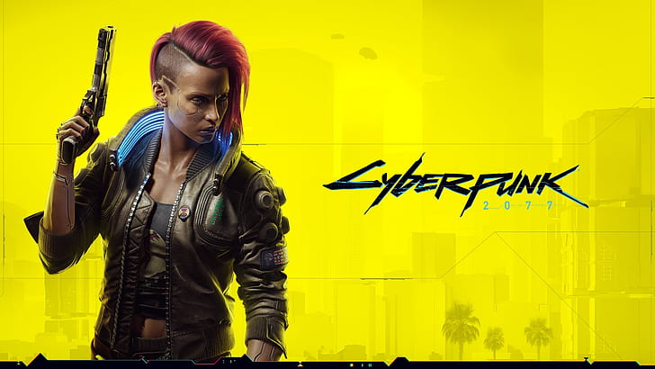 Cyberpunk 2077, V, redhead, yellow background, shaved head