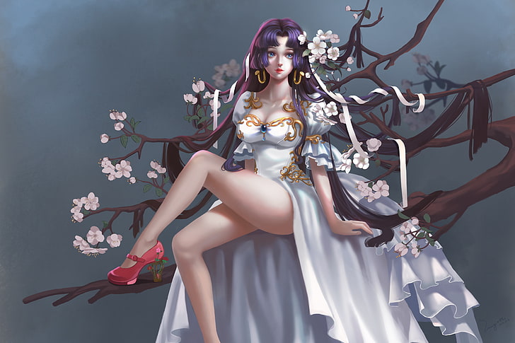 one piece, boa hancock, white dress, long legs, branches, tree, HD wallpaper