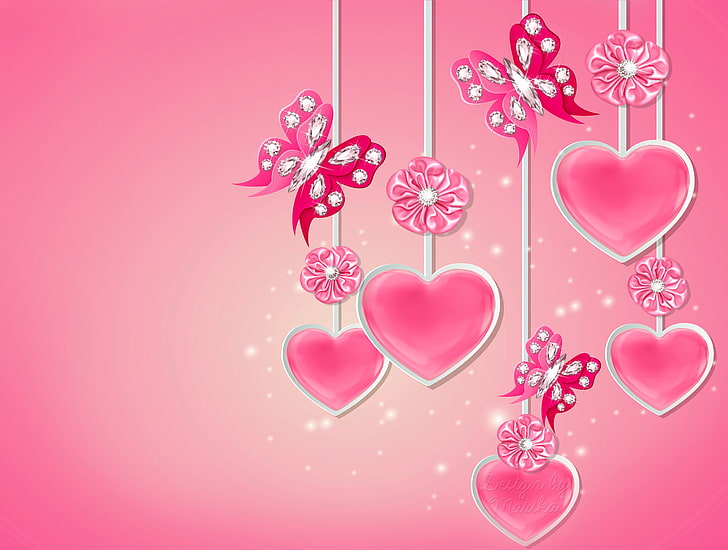 HD wallpaper: pink hearts and butterflies decors, butterfly, diamonds, love  | Wallpaper Flare