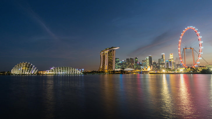 cityscape, night, sky, marina bay, singapore, asia, architecture, HD wallpaper