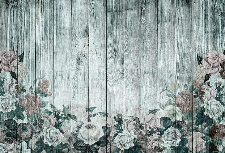 gray wooden planks, flowers, retro, Wallpaper, roses, vintage, HD wallpaper