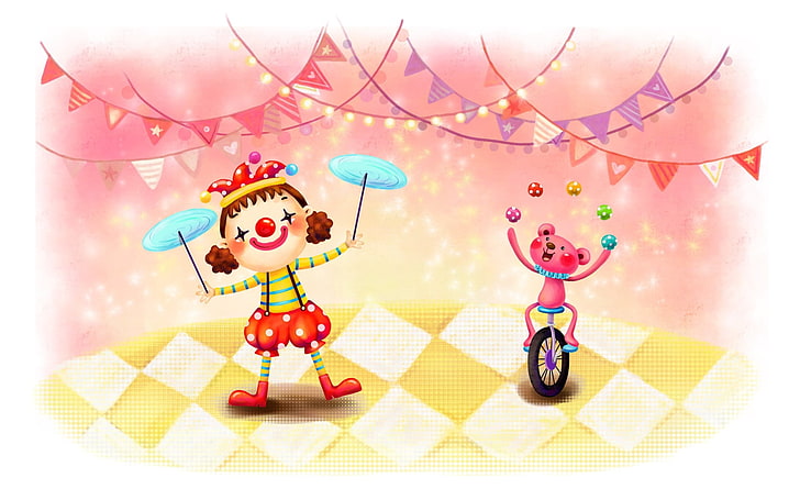 clown and bear illustration, drawing, girl, animal, circus, fun, HD wallpaper