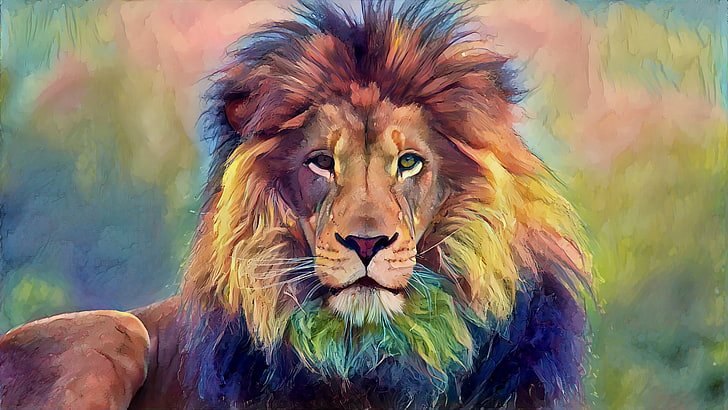 lion painting, animals, wildlife, portrait, animal themes, looking at camera, HD wallpaper