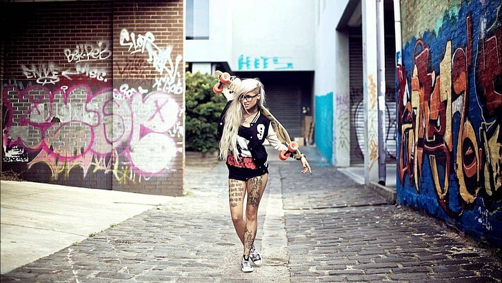 women's black sleeveless dress, tattoo, graffiti, longboard, full length