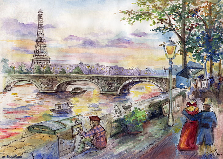 people near bridge illustration, figure, Paris, art, artist, painting