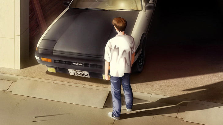 animated male character standing near car, anime, Initial D, Toyota Corolla AE86