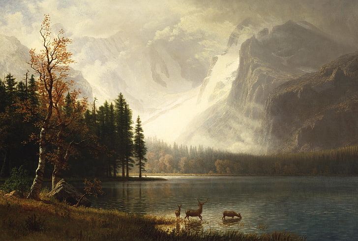 animals and mountain illustration, landscape, mountains, picture
