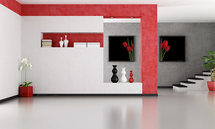 white, red, and black ceramic vases, flowers, Palma, room, ladder