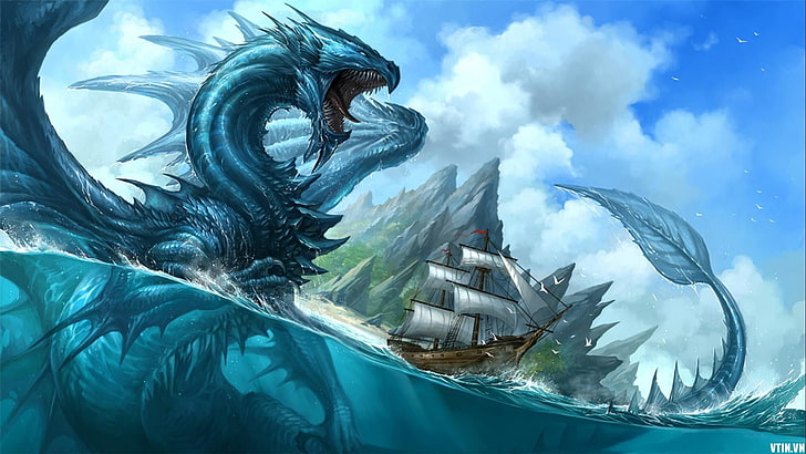 blue dragon illustration, water, sea, mountains, sky, boat, ship, HD wallpaper