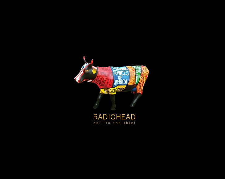 Radiohead, Cow, Cover, Sign, Letters, black background, copy space